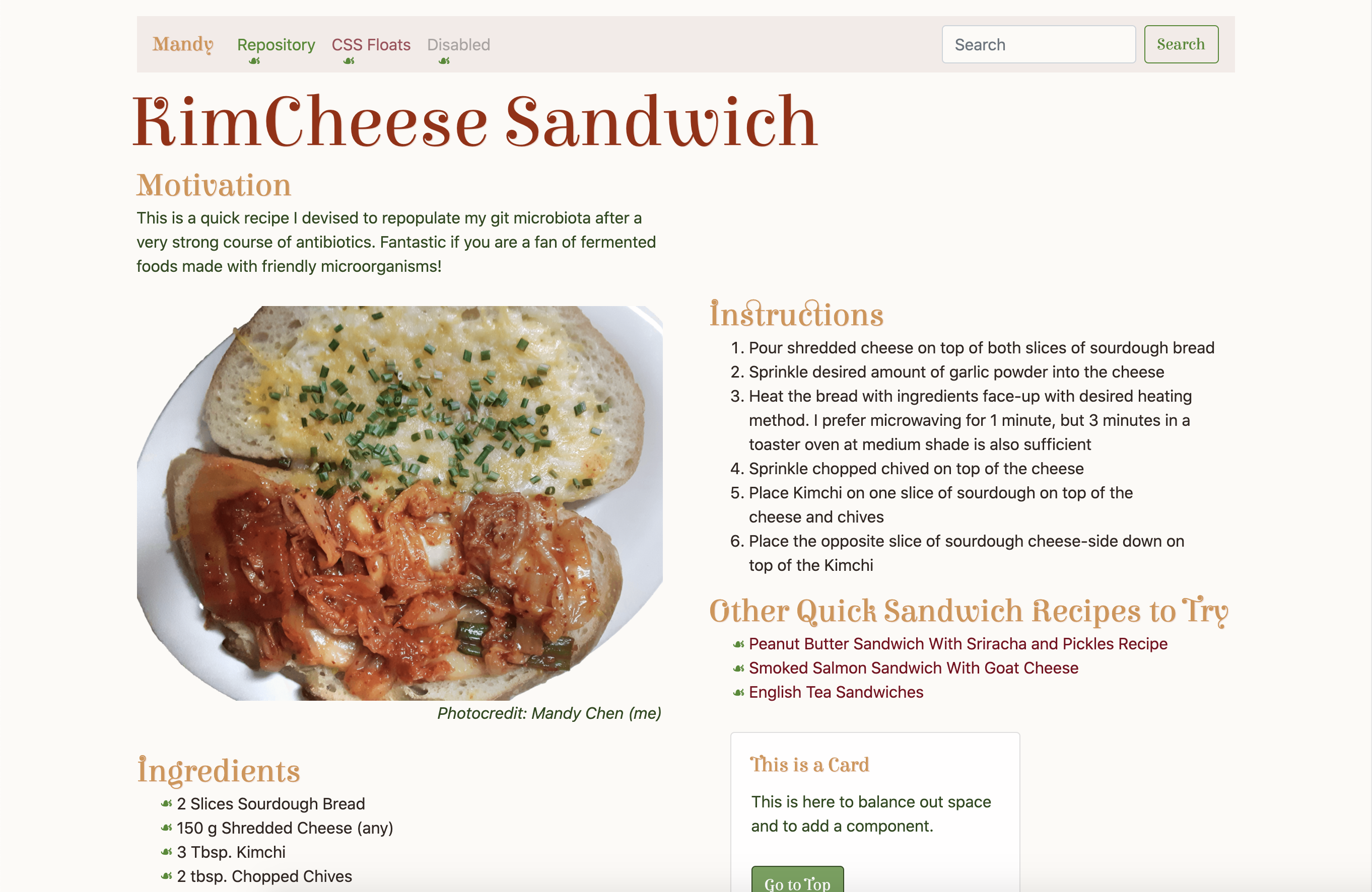 website displaying KimCheese Sandwich Recipe